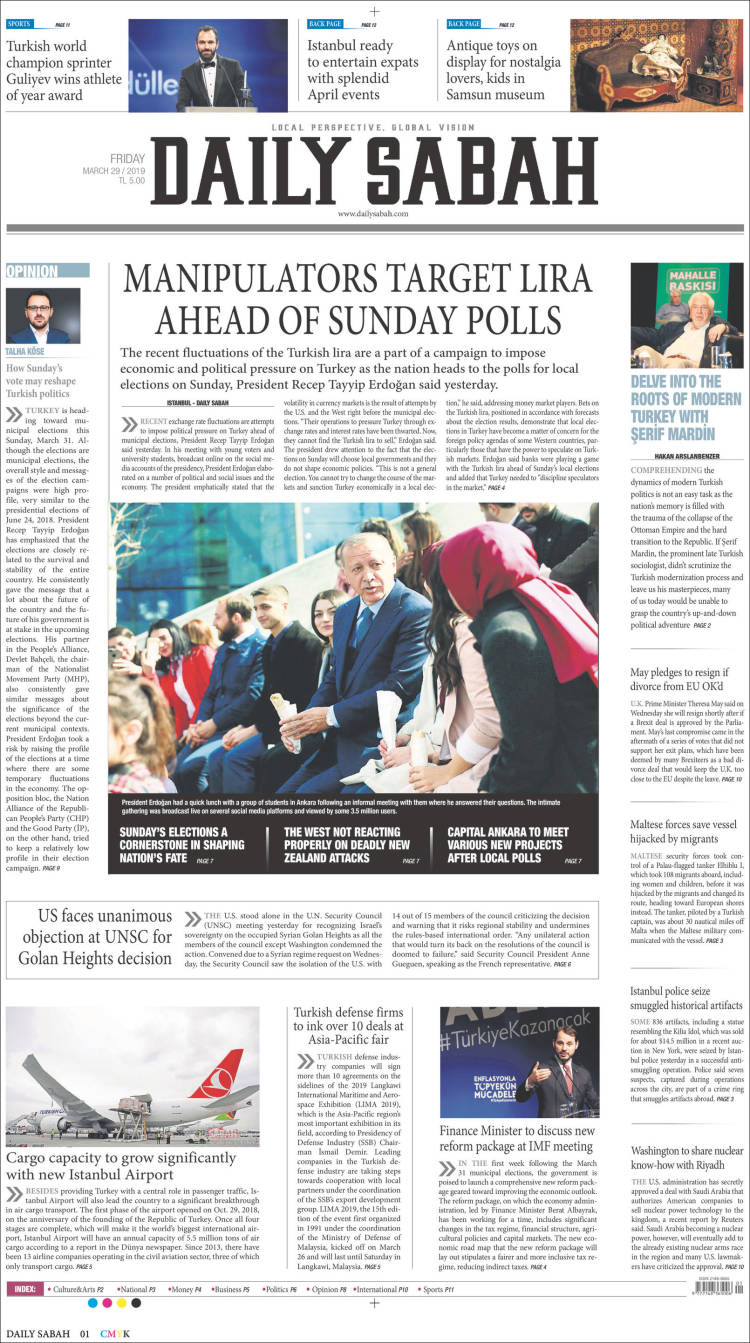 Portada de Daily Sabah (Turqu&iacute;a)