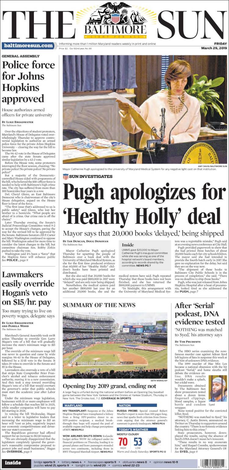 Portada de The Baltimore Sun (USA)