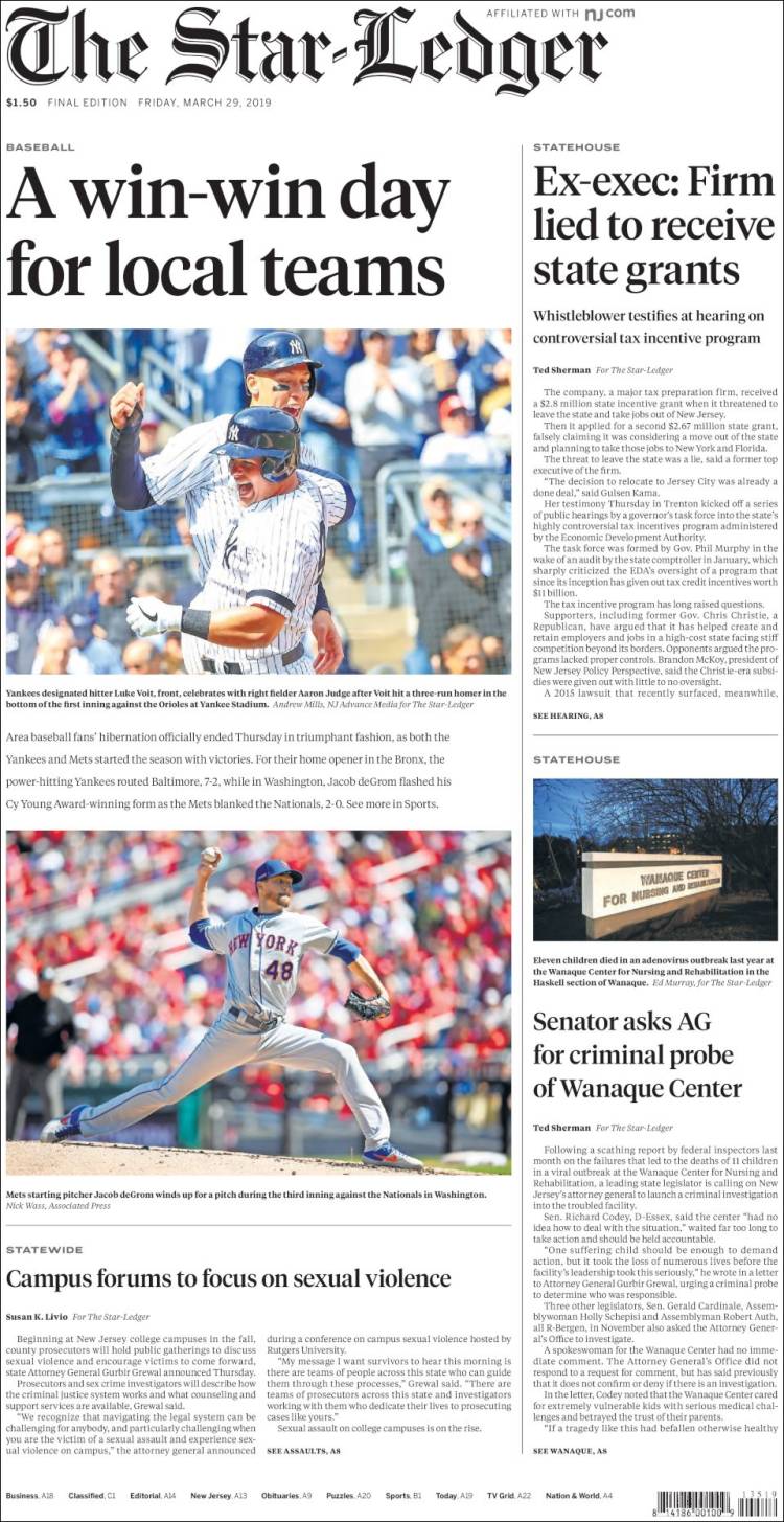Portada de Star-Ledger (USA)