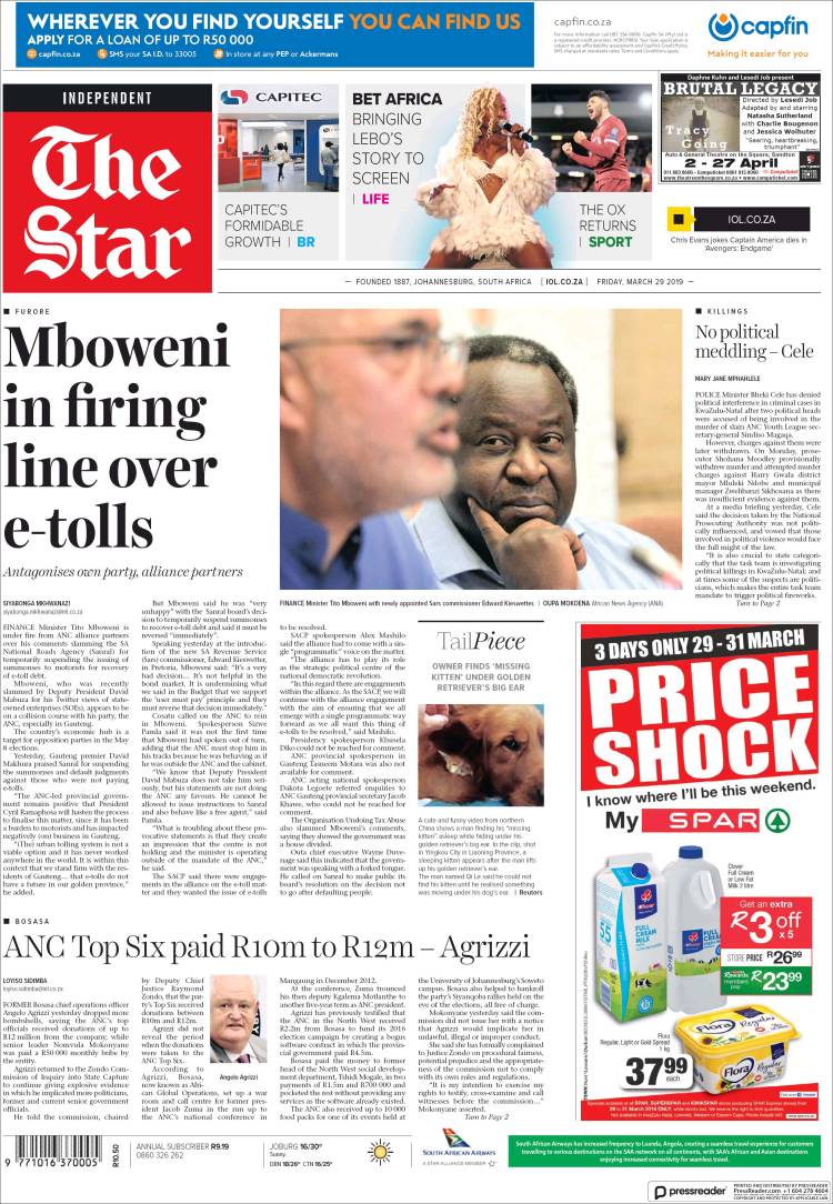 Portada de The Star (Sud&aacute;frica)