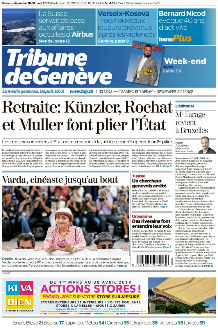 Portada de La Tribune de Genève (Suiza)