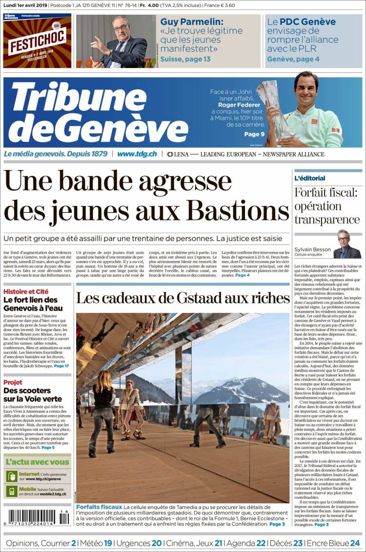 Portada de La Tribune de Genève (Suiza)