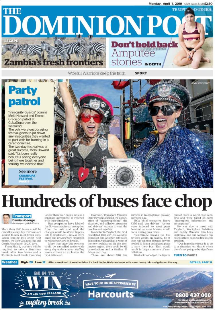 Portada de The Dominion Post (Nueva Zelanda)