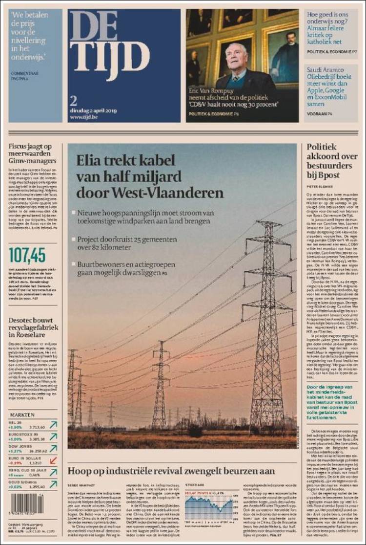 Portada de De Tijd (B&eacute;lgica)