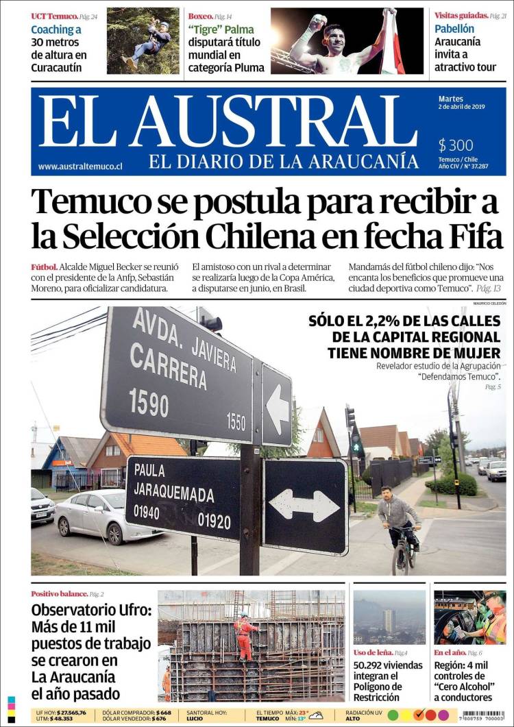 Portada de El Austral de Temuco (Chile)