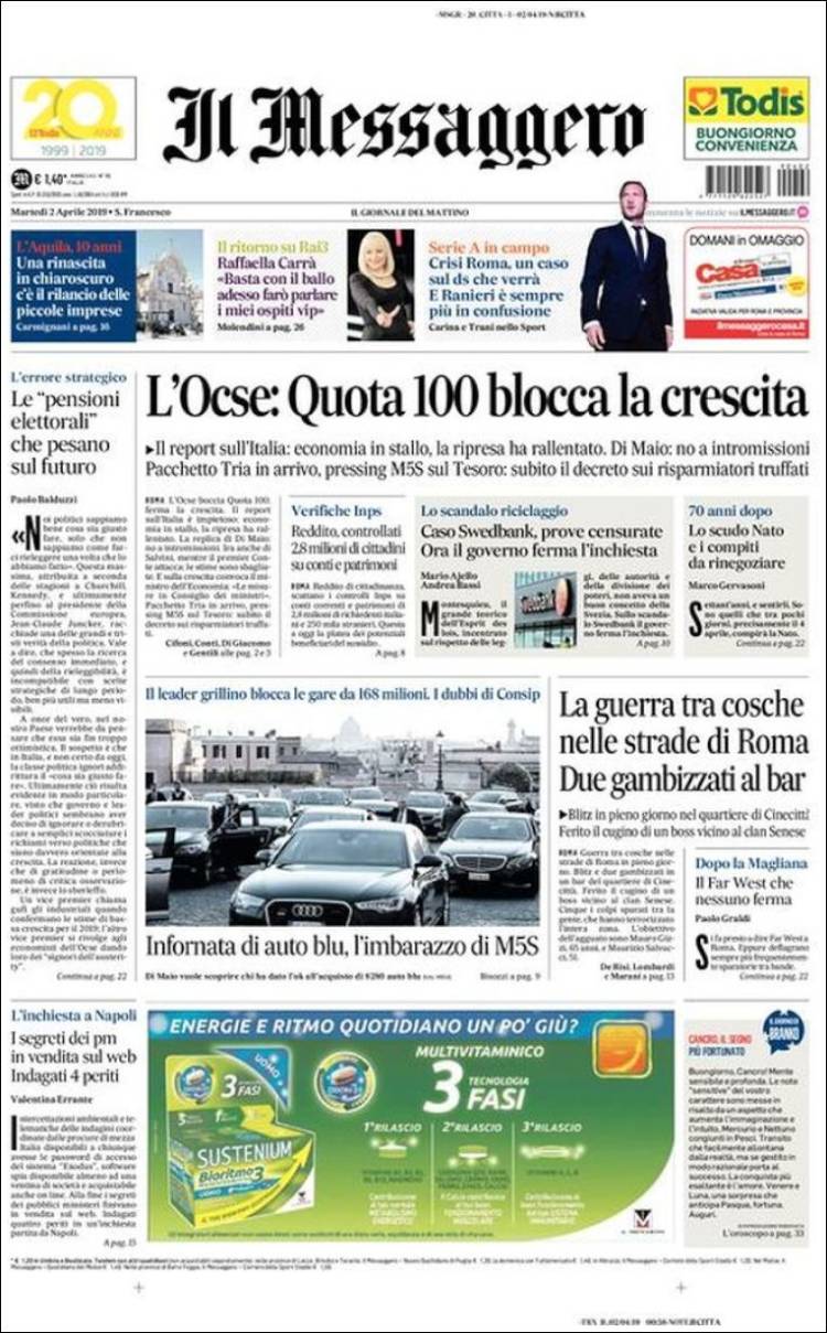 Portada de Il Messaggero (Italia)