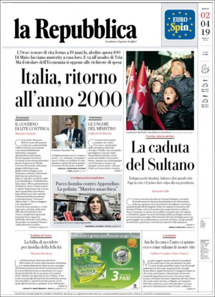 Portada de La Repubblica (Italia)
