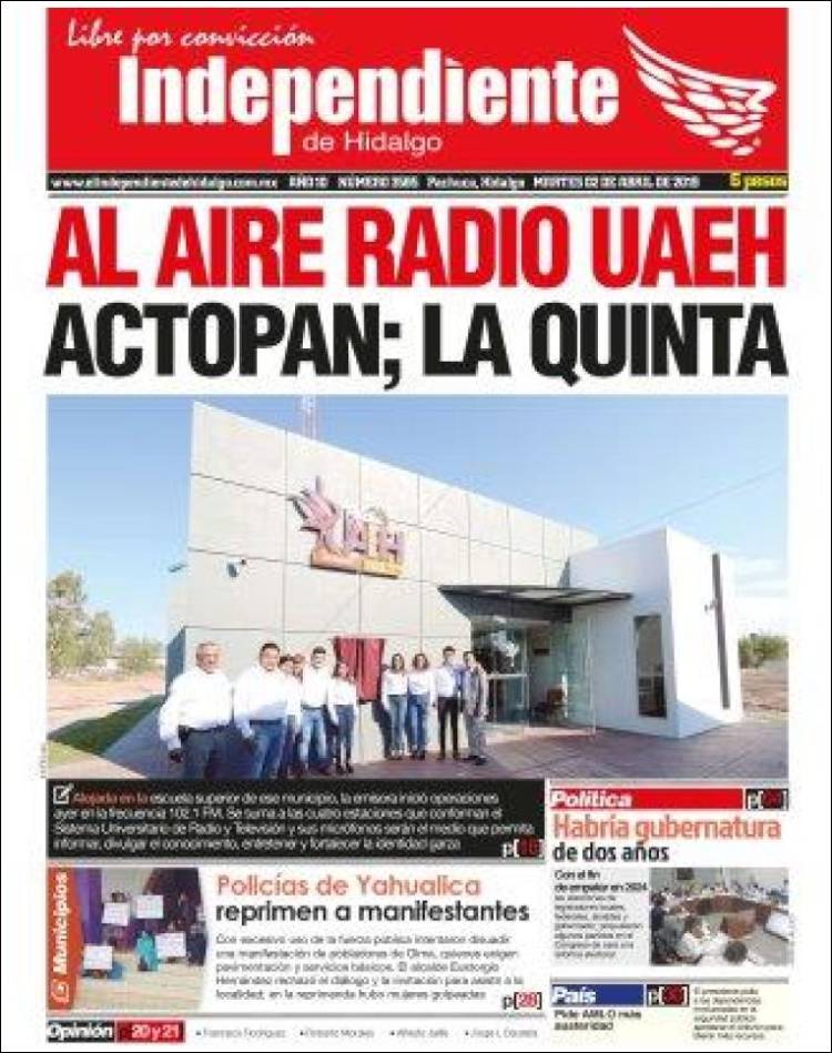 Portada de El Independiente de Hidalgo (M&eacute;xico)