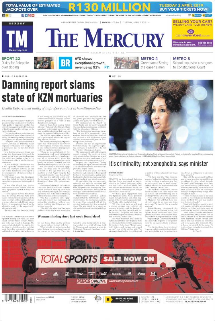 Portada de The Mercury (Sud&aacute;frica)