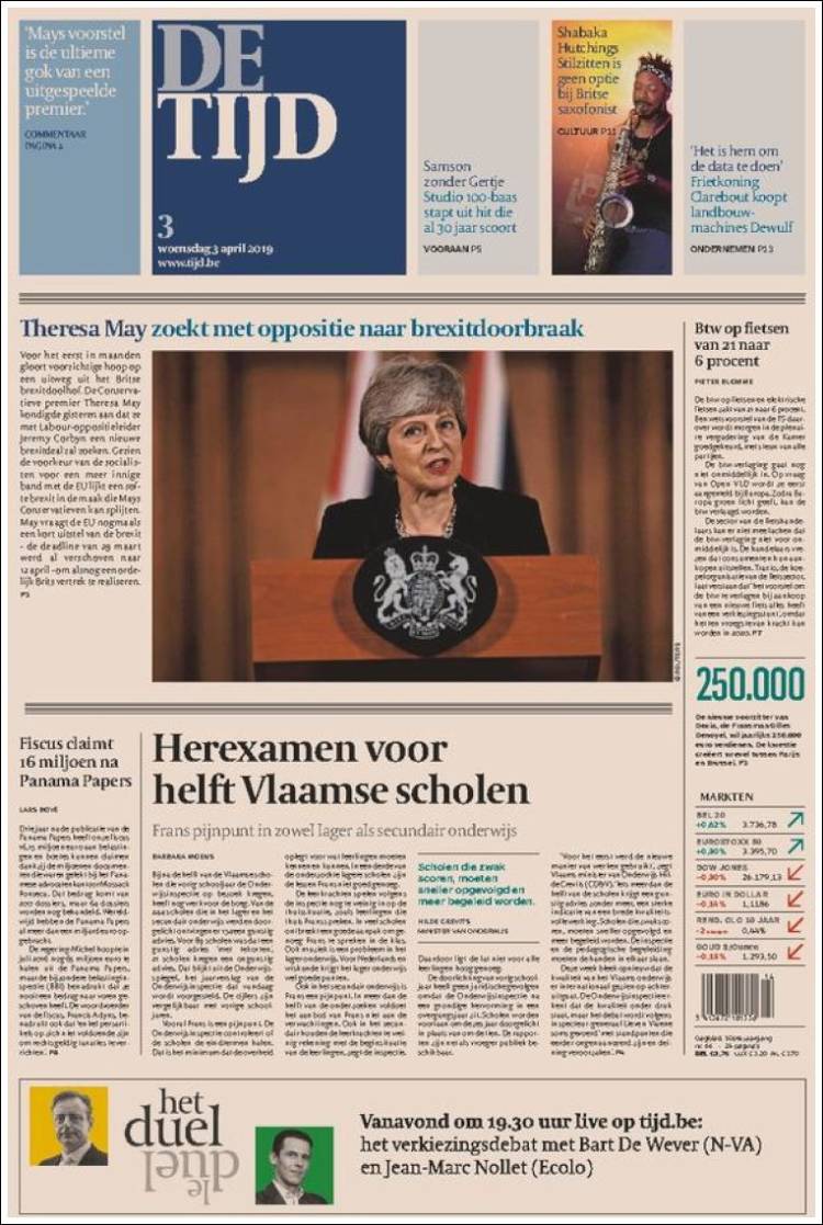 Portada de De Tijd (B&eacute;lgica)