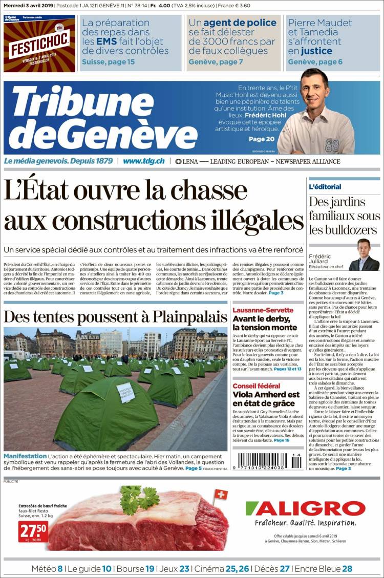 Portada de La Tribune de Genève (Suiza)