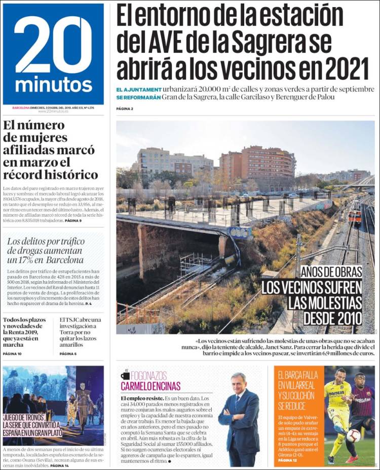 Portada de 20 Minutos - Barcelona (España)