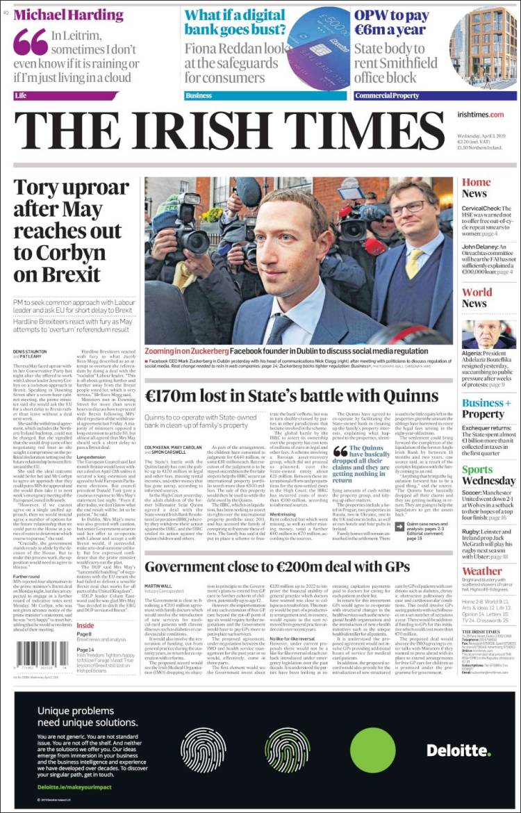 Portada de Irish Times (Irlanda)