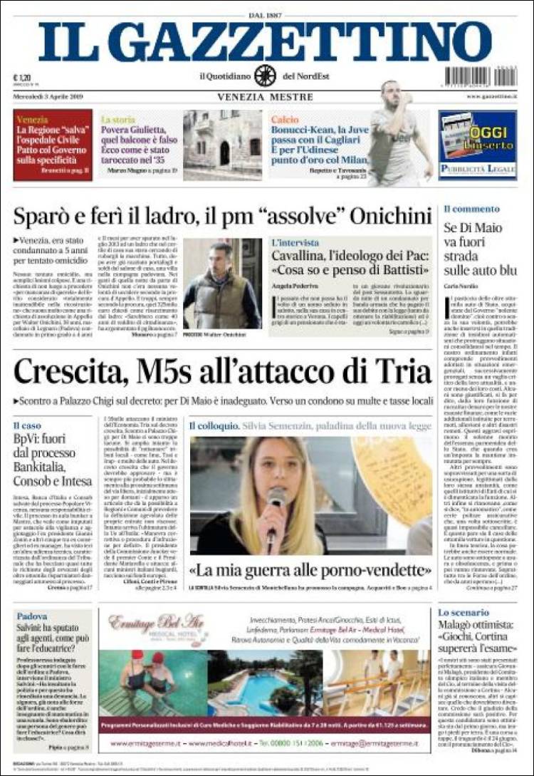 Portada de Il Gazzettino (Italia)
