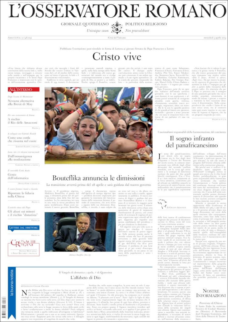 Portada de L'Osservatore Romano (Italia)