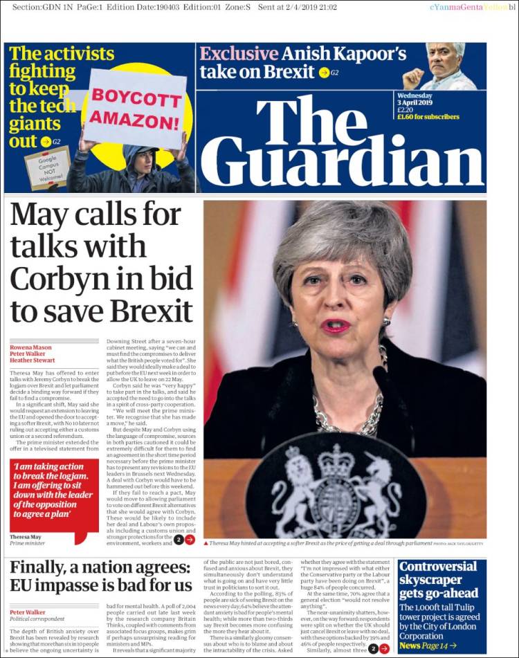 Portada de The Guardian (Reino Unido)