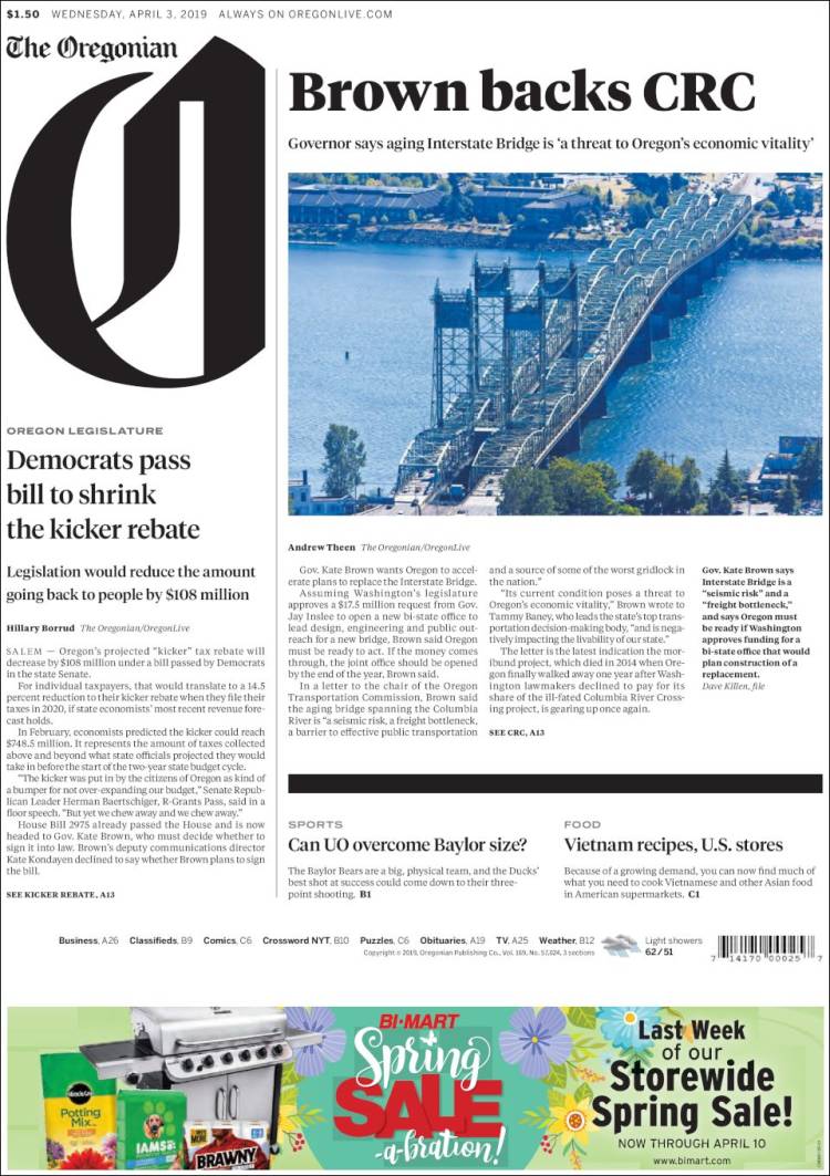 Portada de The Oregonian (USA)