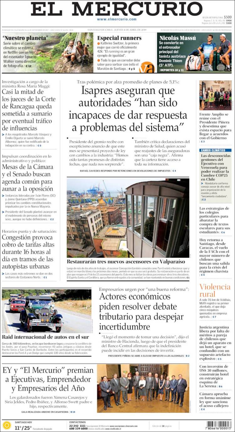 Periódico El Mercurio (Chile). Periódicos de Chile. Edición de jueves, 4 de  abril de 2019. 