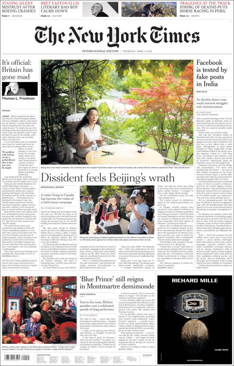 Portada de International New York Times (Europa)