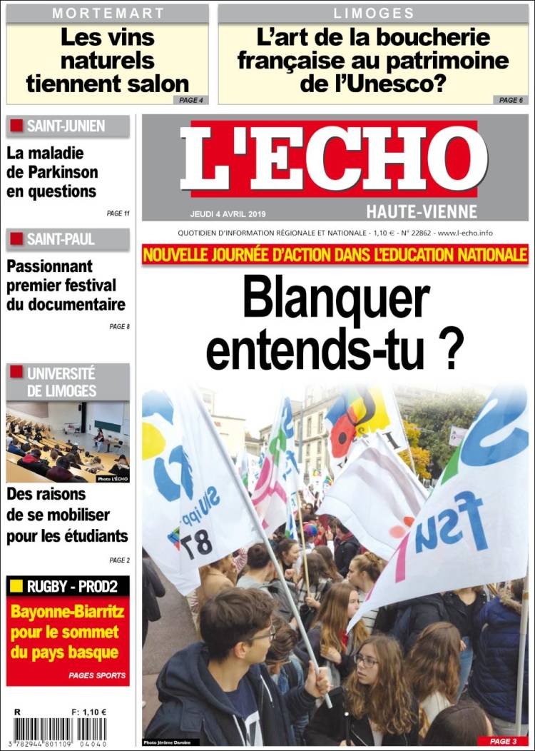 Portada de L'Echo de la Haute-Vienne (Francia)