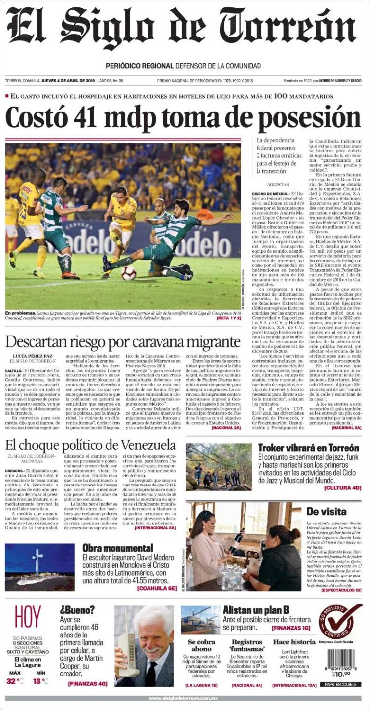 Portada de El Siglo de Torreon (México)