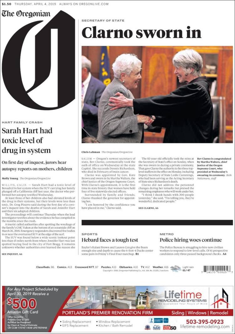 Portada de The Oregonian (USA)