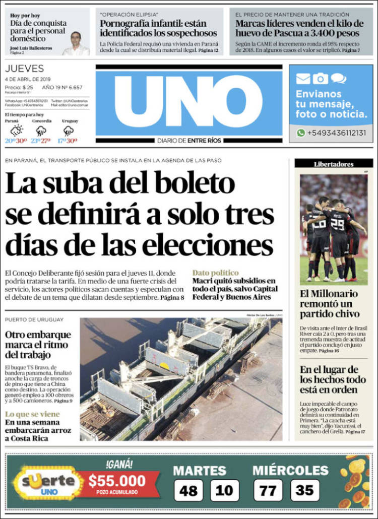 Portada de Diario Uno de Entre Ríos (Argentina)