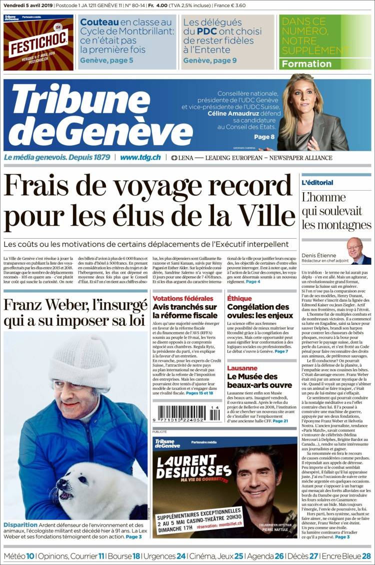 Portada de La Tribune de Genève (Suiza)