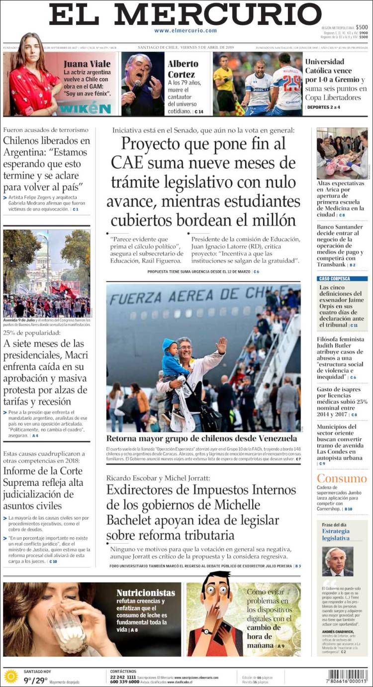 Portada de El Mercurio (Chile)