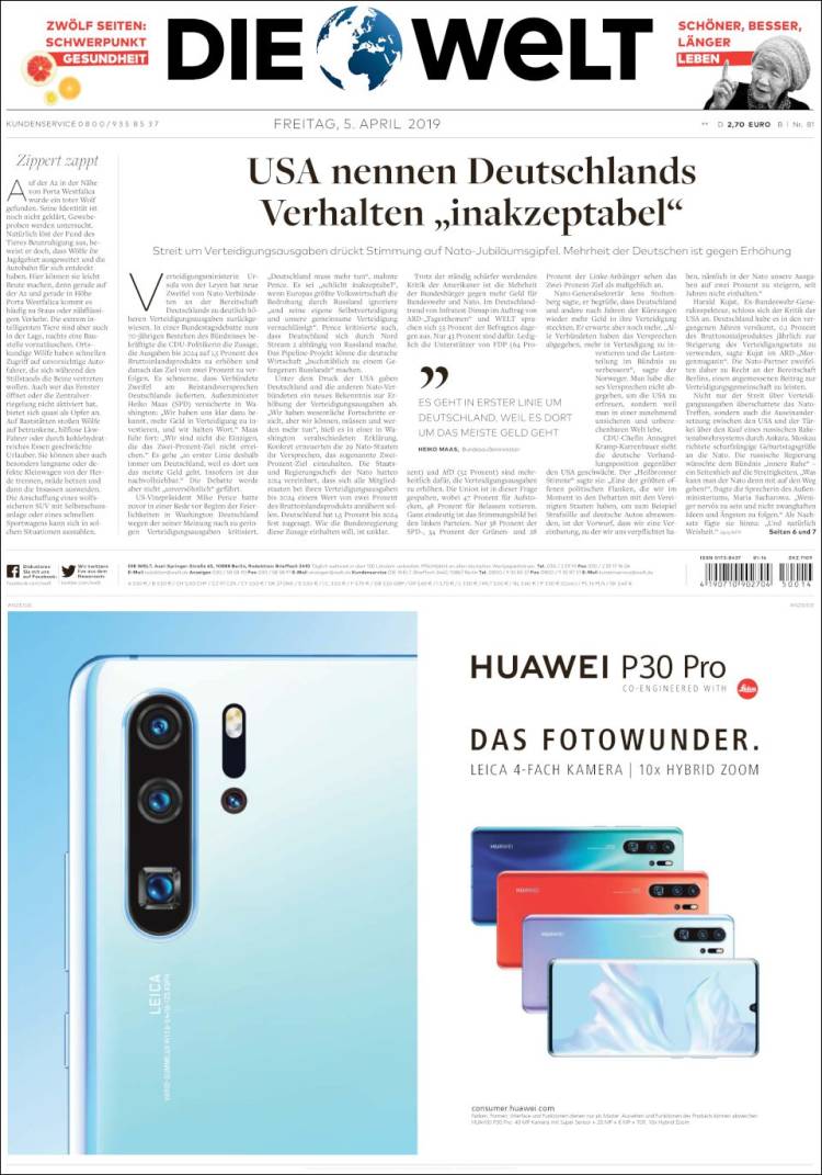 Portada de Die Welt (Alemania)
