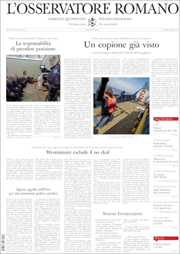 Portada de L'Osservatore Romano (Italia)