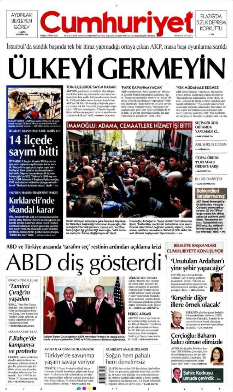 Portada de Cumhuriyet (Turqu&iacute;a)