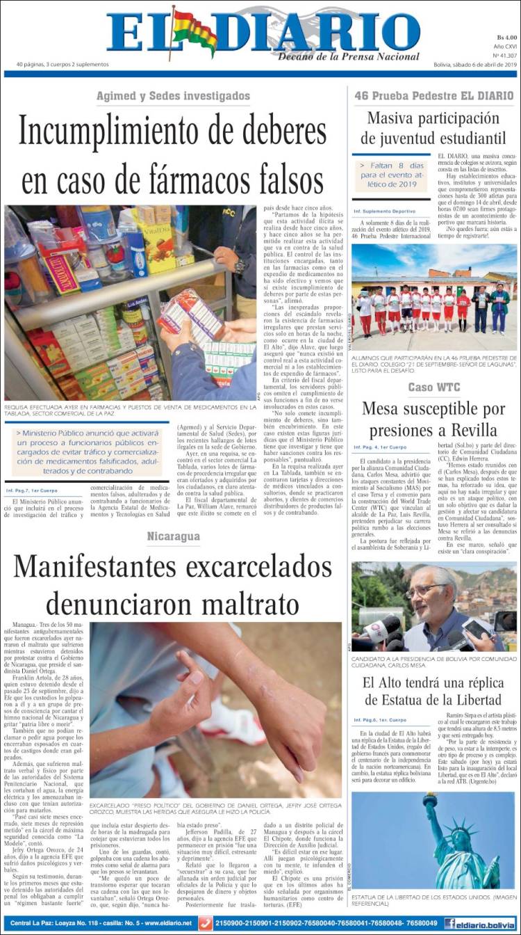 Portada de El Diario (Bolivia)