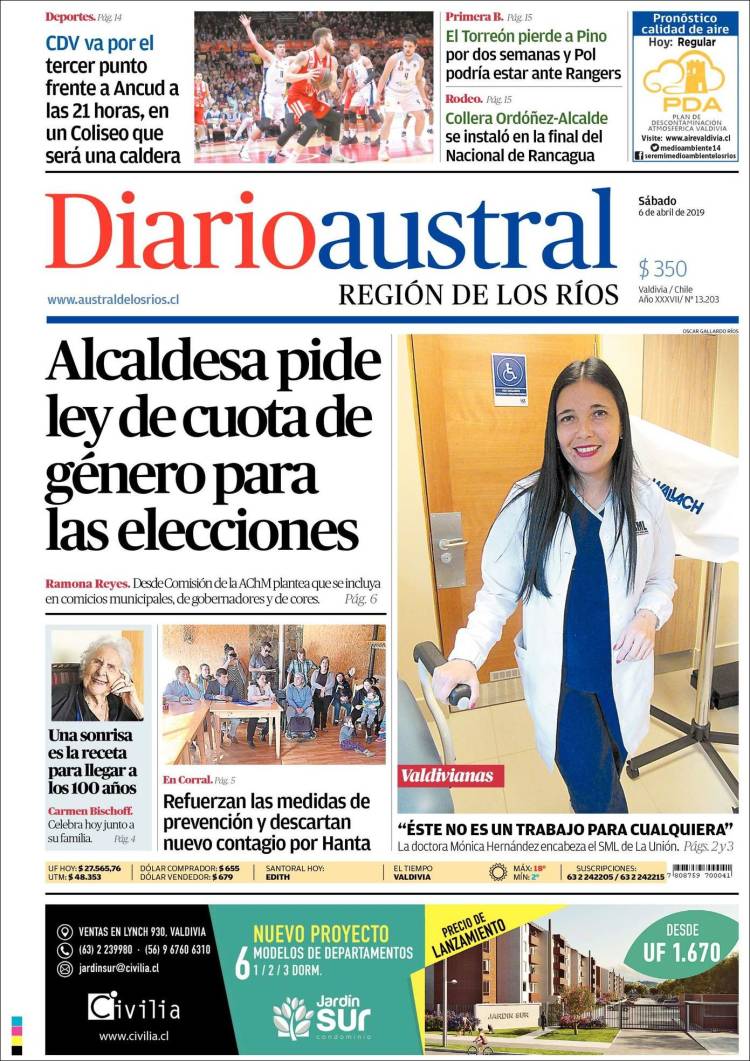 Portada de El Diario Austral de Valdivia (Chile)