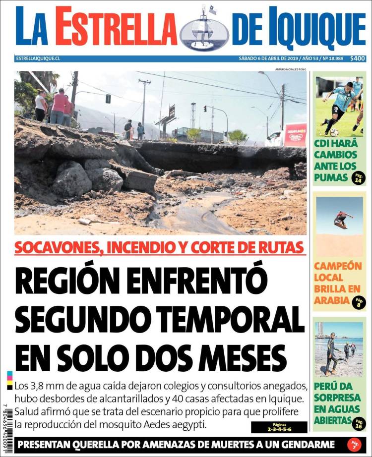 Portada de La Estrella de Iquique (Chile)