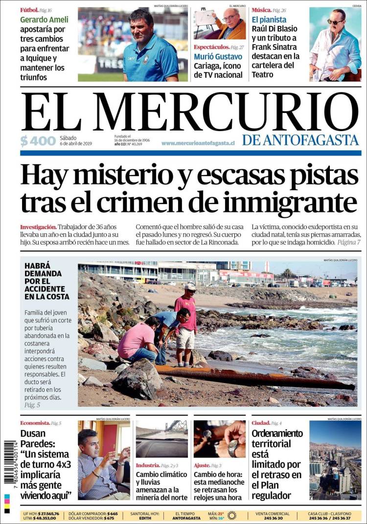 Portada de El Mercurio de Antofagasta (Chile)