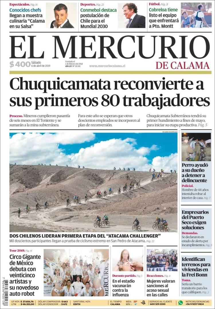 Portada de El Mercurio - Calama (Chile)