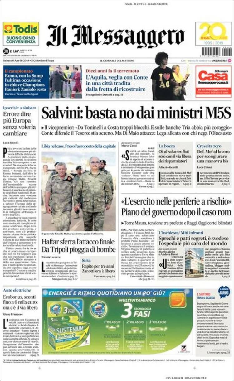 Portada de Il Messaggero (Italia)