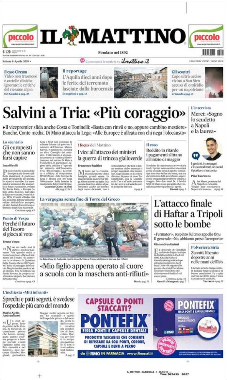 Portada de Il Mattino (Italia)