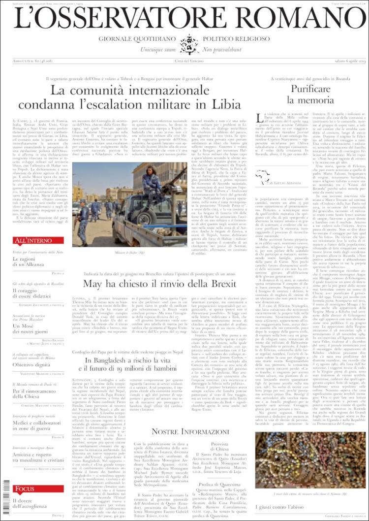 Portada de L'Osservatore Romano (Italia)