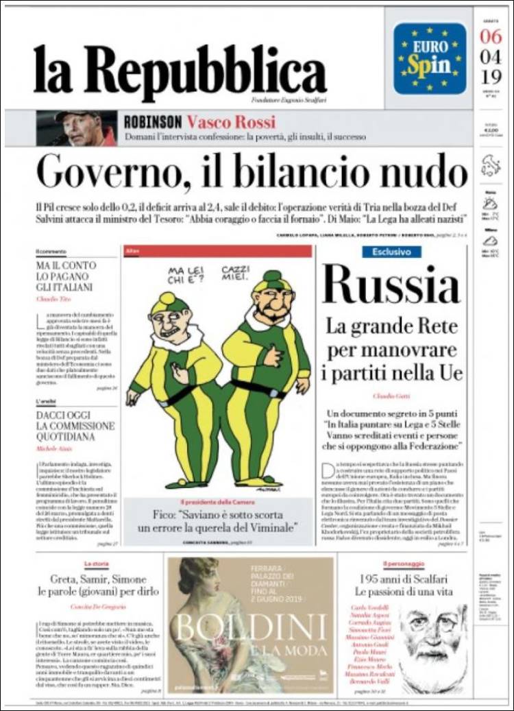 Portada de La Repubblica (Italia)
