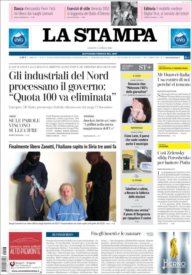 Portada de La Stampa (Italia)