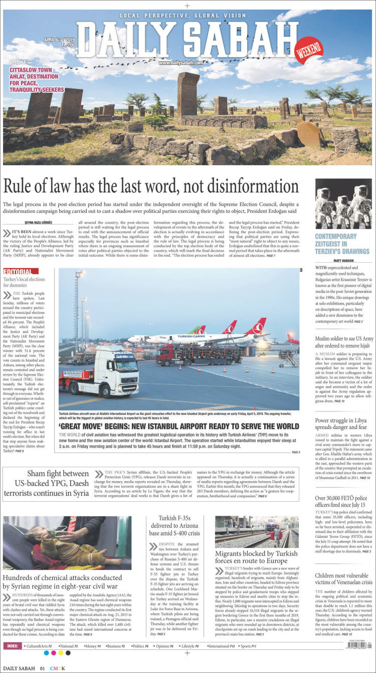 Portada de Daily Sabah (Turqu&iacute;a)