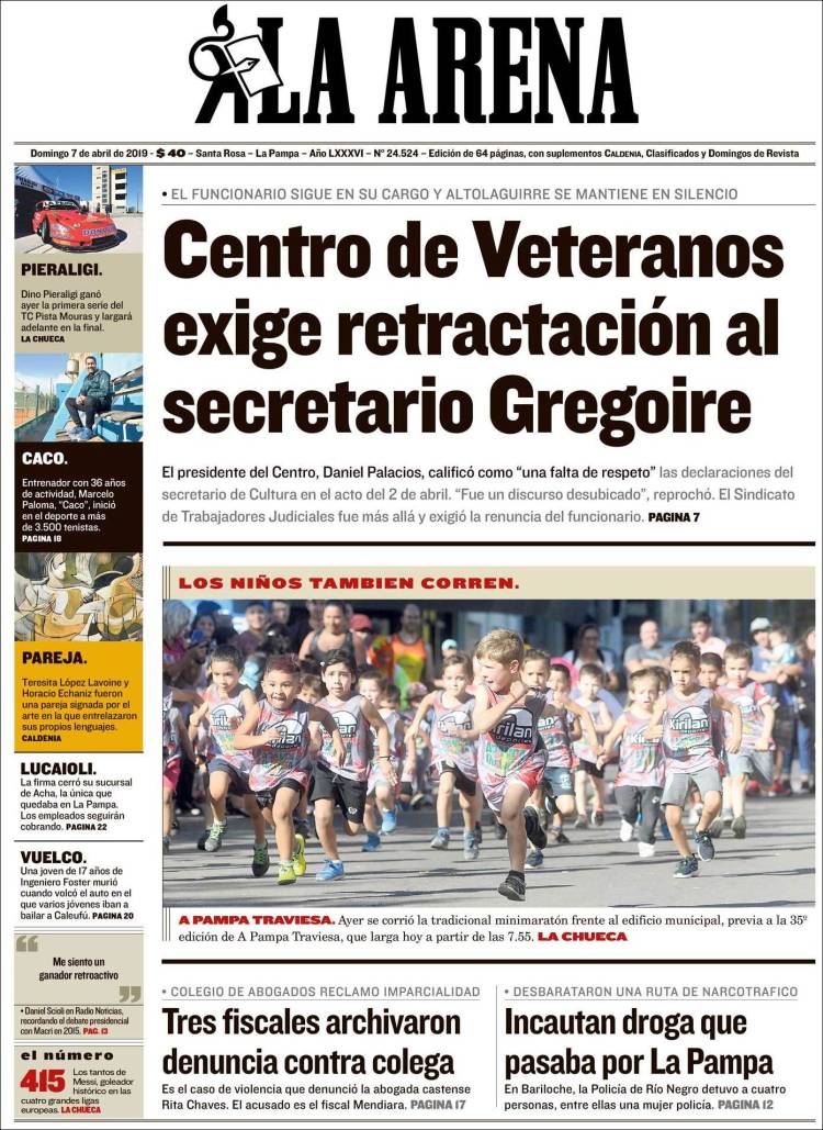 Portada de Diario La Arena (Argentina)