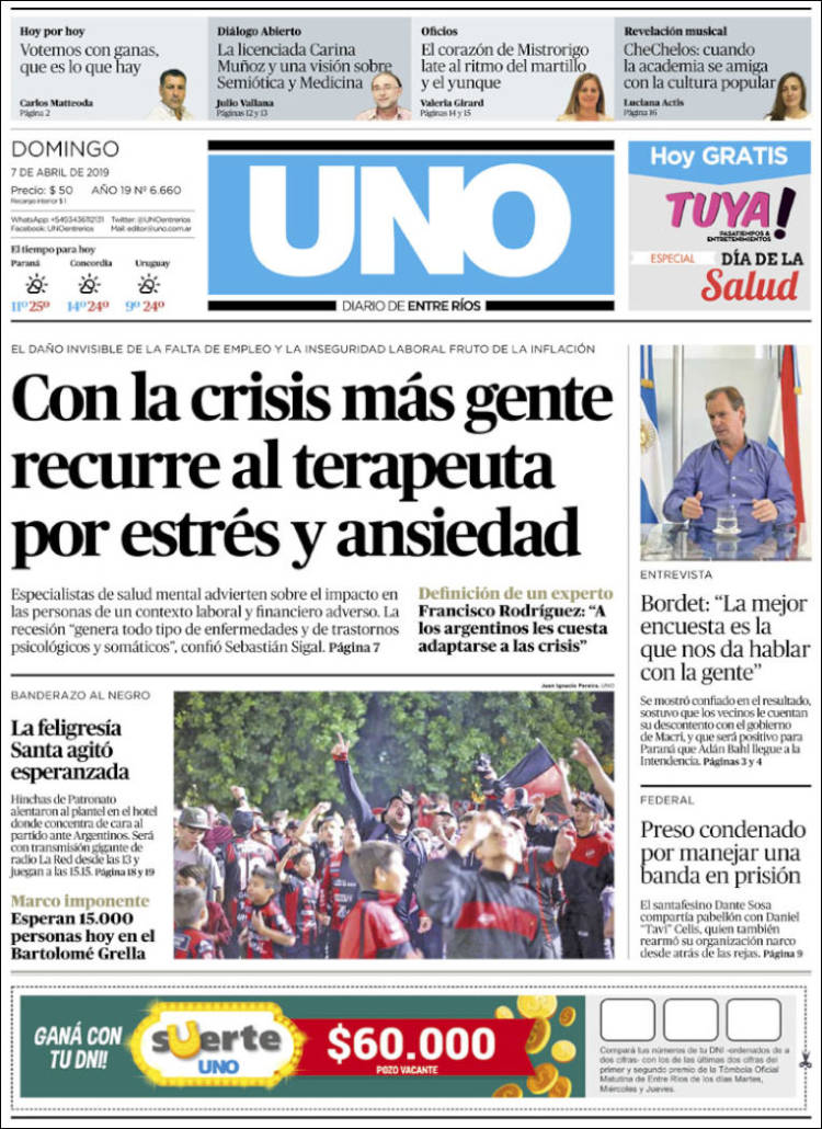 Portada de Diario Uno de Entre Ríos (Argentina)