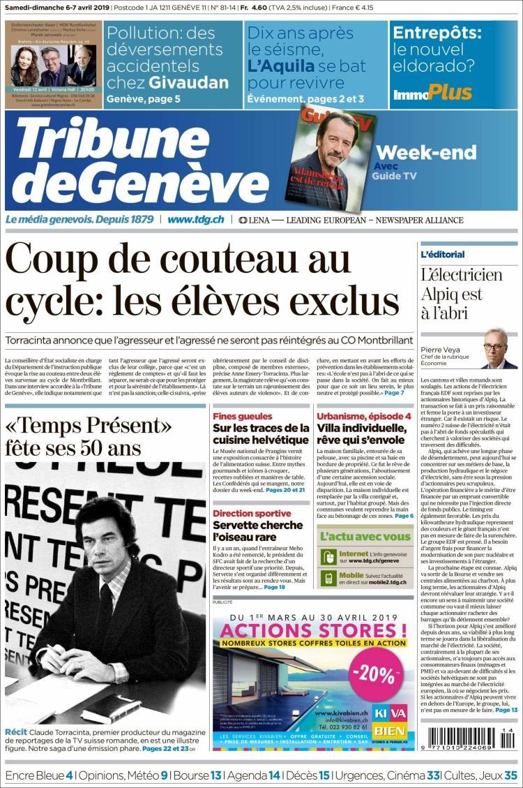 Portada de La Tribune de Genève (Suiza)