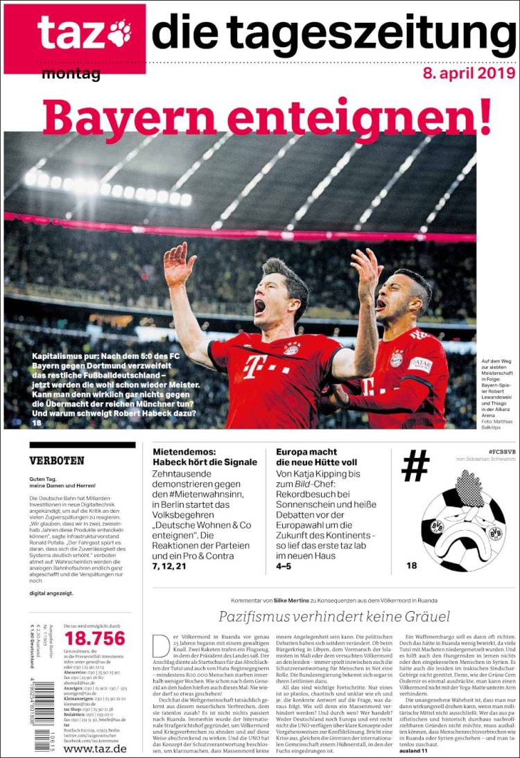 Portada de Die Tageszeitung (Alemania)