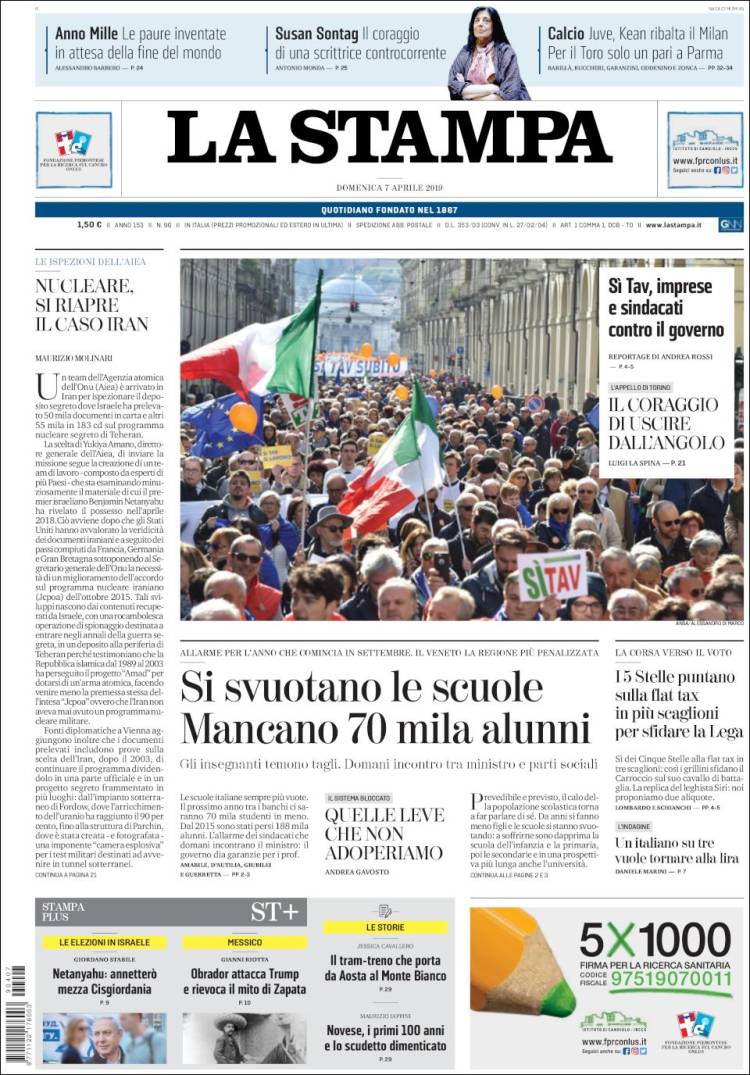 Portada de La Stampa (Italia)