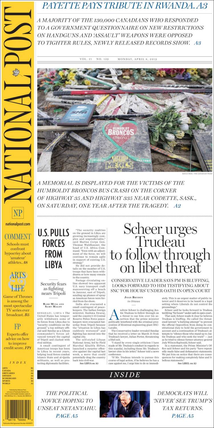 Portada de The National Post (Canadá)