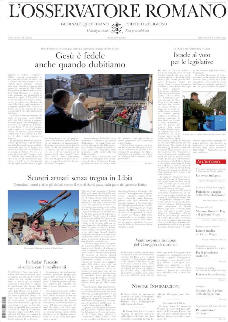 Portada de L'Osservatore Romano (Italia)